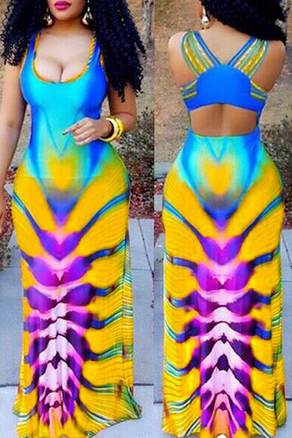 

Lovely Fashion Printed Hollow-out Yellow Floor Length Dress
