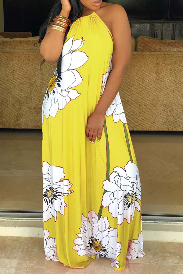 

Lovely Casual Floral Printed Yellow Floor Length Dress(WWith Elastic)