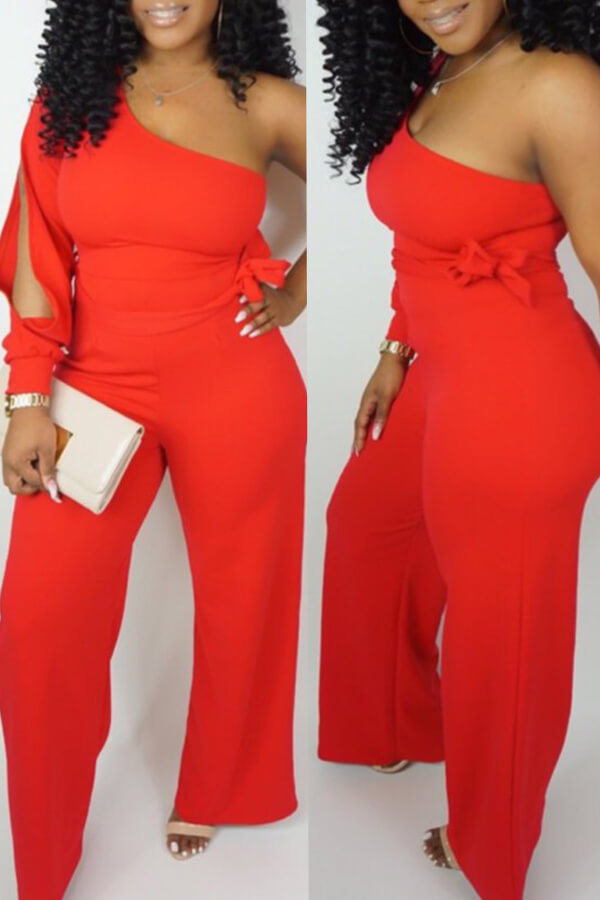 

Lovely Casual One Shoulder Asymmetrical Red Jumpsuit(Elastic