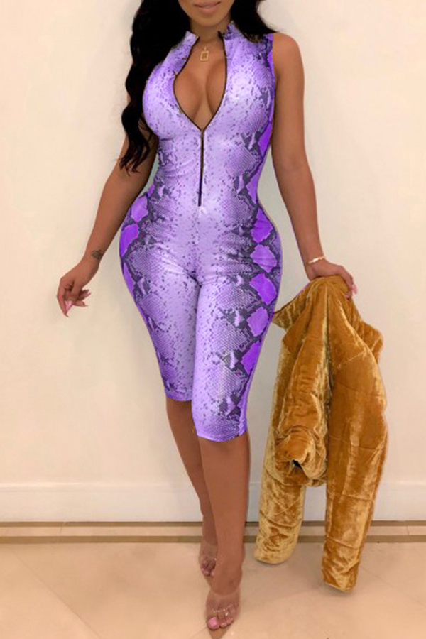 

Lovely Sexy Printed Purple Twilled Satin One-piece Rompers
