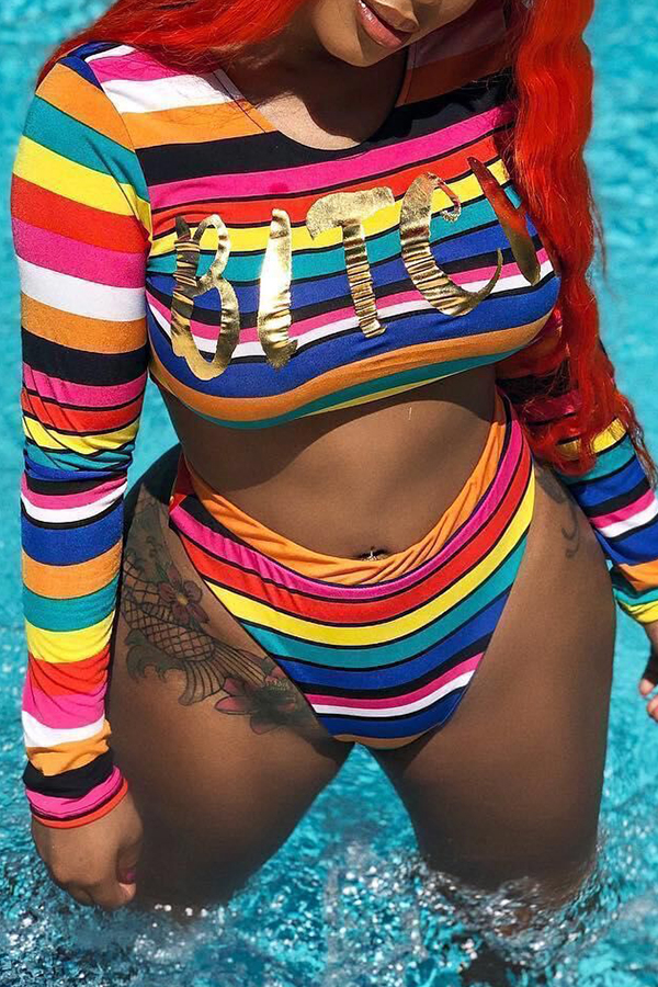Lovely Casual Striped Multicolor Lycra Twopiece Swimwear_Tankinis