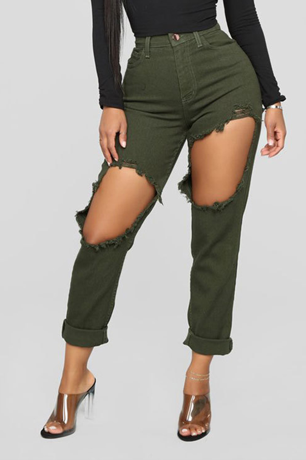 

Lovely Trendy Broken Holes Army Green Jeans