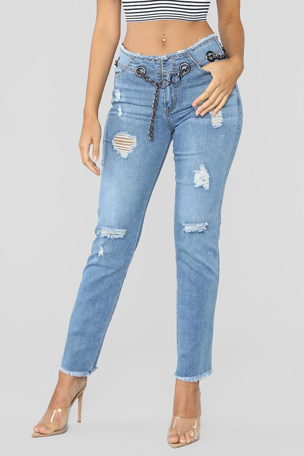 

Lovely Trendy Broken Holes Skinny Baby Blue Jeans