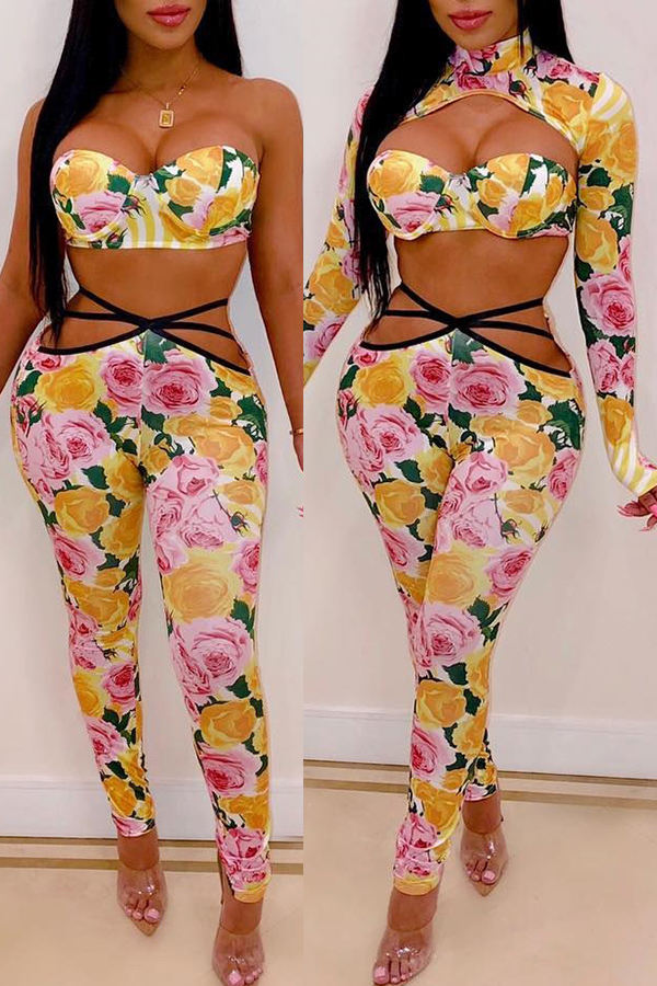 

Lovely Work Floral Printed Yellow Twilled Satin Two-piece Pants Set
