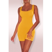 Lovely Casual Sleeveless Skinny Yellow One-piece R