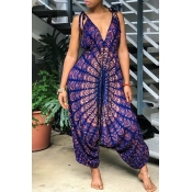 Lovely Ethnic Printed Loose Purple One-piece Jumps