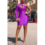 Lovely Elegant One Shoulder Purple Mini Evening Dr