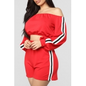 Lovely Casual Dew Shoulder Red Two-piece Shorts Se