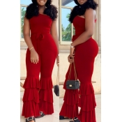 Lovely Casual Ruffle Design Red One-piece Jumpsuit