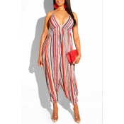 Lovely Casual Backless Striped Multicolor One-piec