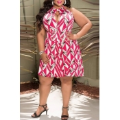 Lovely Plus-size Printed Light Pink Knee Length Dr