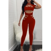 Lovely Sexy Hollowed-out Skinny Red One-piece Jump