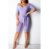 Lovely Casual Lace-up Skinny Purple One-piece Romp