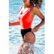 Lovely Casual Patchwork Red One-piece Swimwear