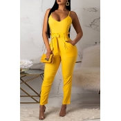 Lovely Casual Lace-up Skinny Yellow Blending One-p