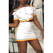 Lovely Chic Buttons Design White Two-piece Skirt S