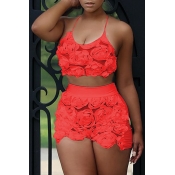 Lovely Sweet Floral Red Lace Two-piece Shorts Set