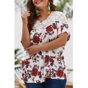 Lovely Plus-size Floral Printed White Blouses
