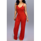 Lovely Casual Lace-up Red One-piece Jumpsuit(With 