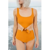 Lovely Hollow-out Knot Patchwork Orange One-piece 