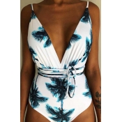 Lovely Floral Print Backless White One-piece Swimw