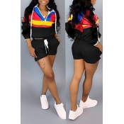 LW Casual Patchwork Black Two-piece Shorts Set