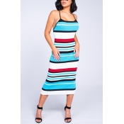 Lovely Casual Striped Backless Light Blue Sheath M