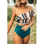 Lovely Sexy Flounce Design Striped Green Bikinis