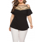 Lovely Plus-size Hollowed-out Black T-shirt