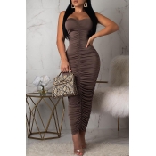 Lovely Sexy Sleeveless Ruffle Dark Brown Ankle Len