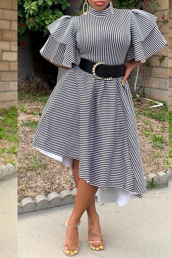 

Lovely Sweet Turtleneck Striped White Knee Length Dress