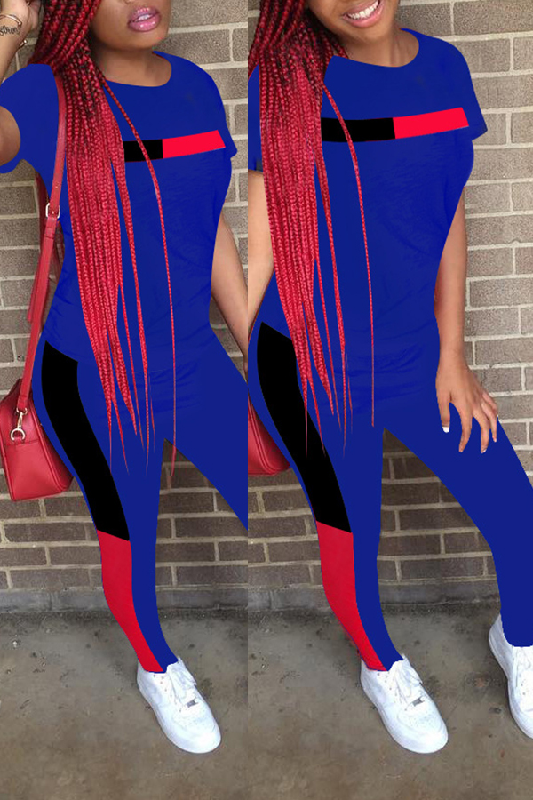 

Lovely Leisure Patchwork Blue Two-piece Pants Set