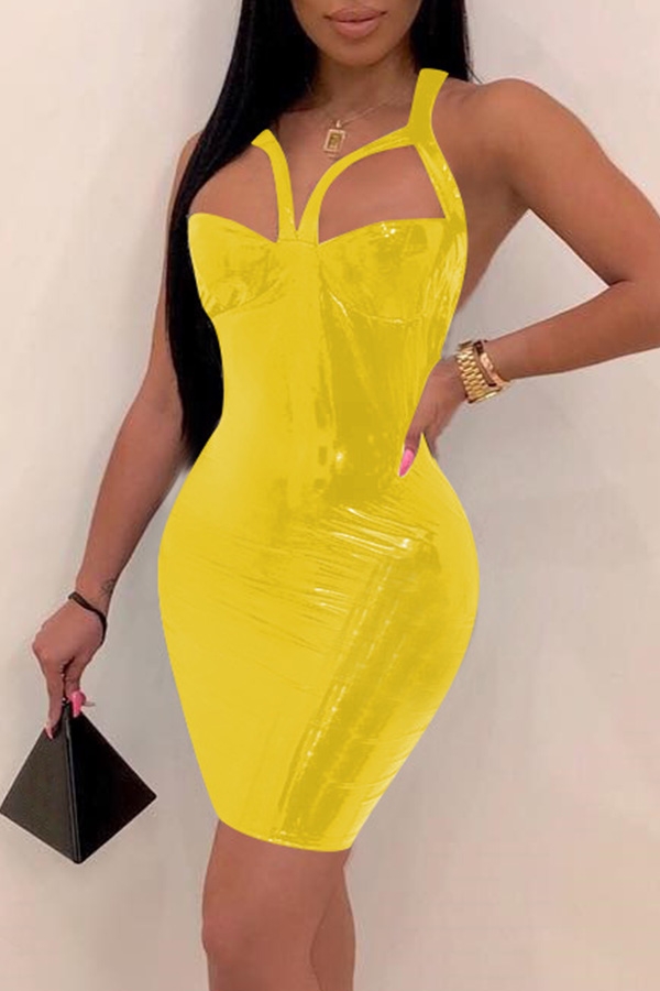 

Lovely Sexy Hollowed-out Yellow PU Mini Dress