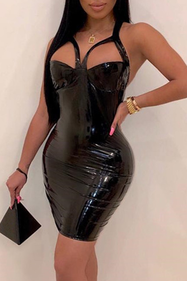 

Lovely Sexy Hollowed-out Black PU Mini Dress