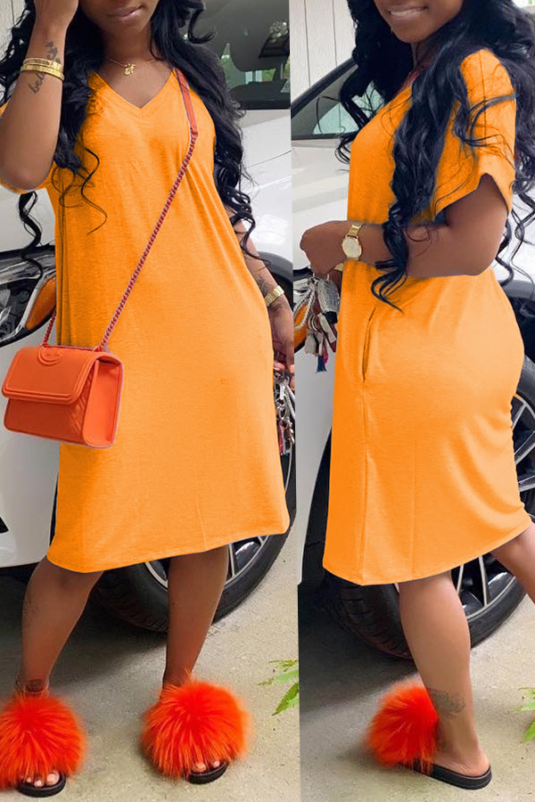 

Lovely Casual Loose Straight Orange Knee Length Dress