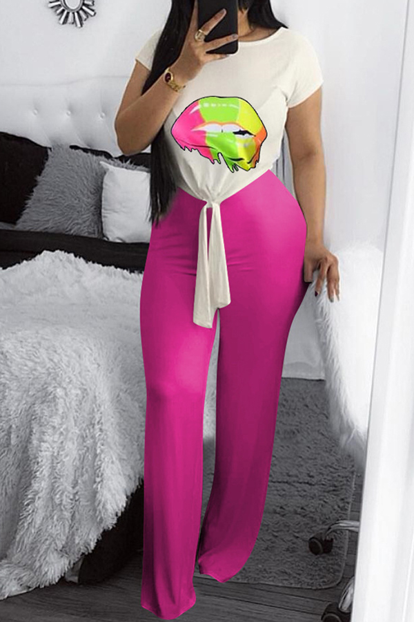 

Lovely Casual Lip Printed Rose Red Two-piece Pants Set