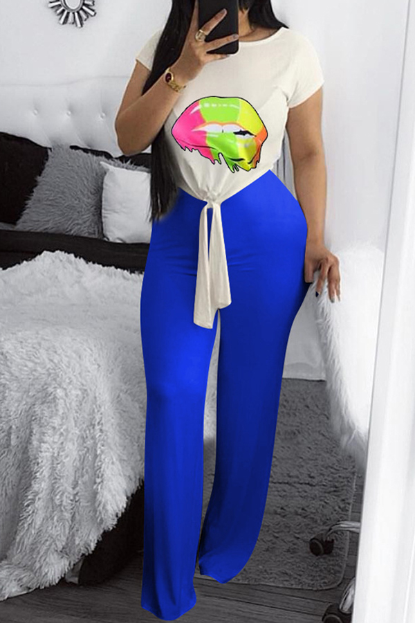 

Lovely Casual Lip Printed Blue Two-piece Pants Set