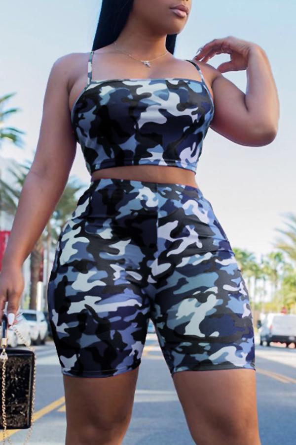 

Lovely Leisure Camouflage Printed Blue Two-piece Shorts Set