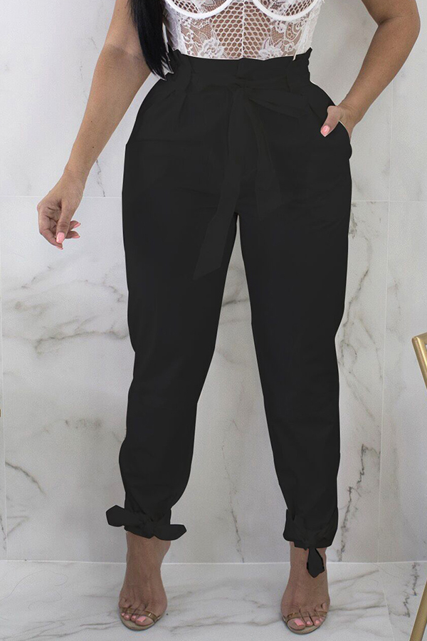 

Lovely Stylish High Waist Lace-up Black Pants