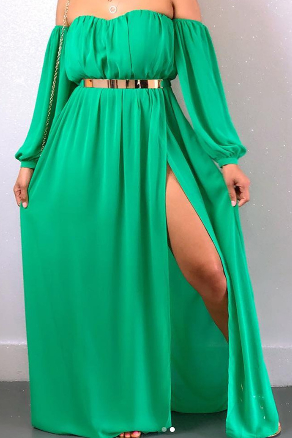 

Lovely Off The Shoulder Side Split Green Ankle Length A Line Dress(With Belt)
