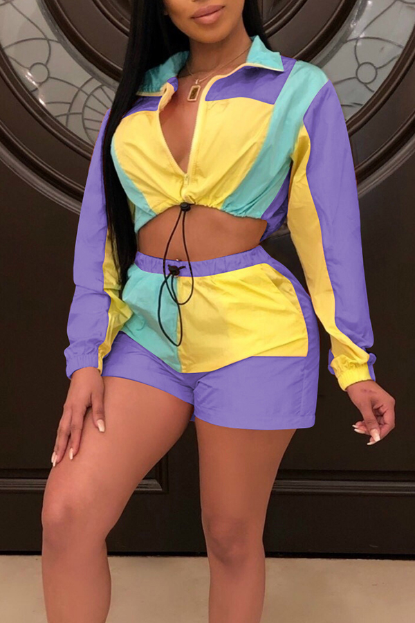 

Lovely Casual Patchwork Purple Two-piece Shorts Set