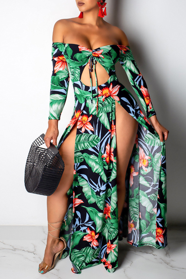

Lovely Sexy Floral Printed Hollow-out Light Green Floor Length Dress