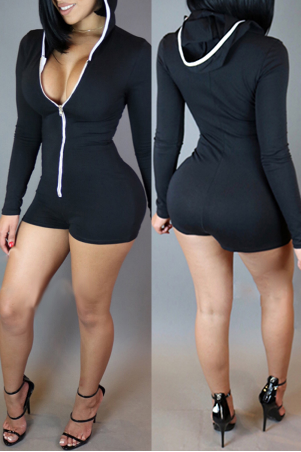 

Lovely Casual Hooded Neck Black One-piece Romper(With Elastic)