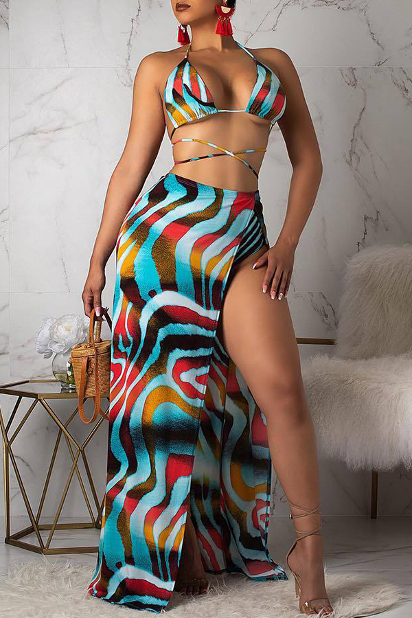 

Lovely Sexy Lace-up Printed Blue Three-piece Swimsuit