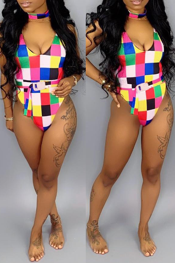 

Lovely Plaid Printed One-piece Swimwear