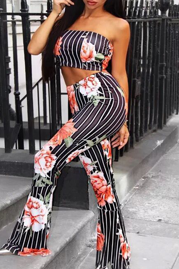 

Lovely Off The Shoulder Printed Striped Two-piece Pants Set