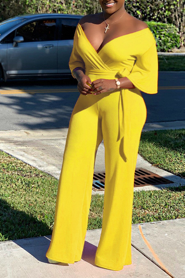 

Lovely Casual Off The Shoulder Lace-up Yellow One-piece Jumpsuit