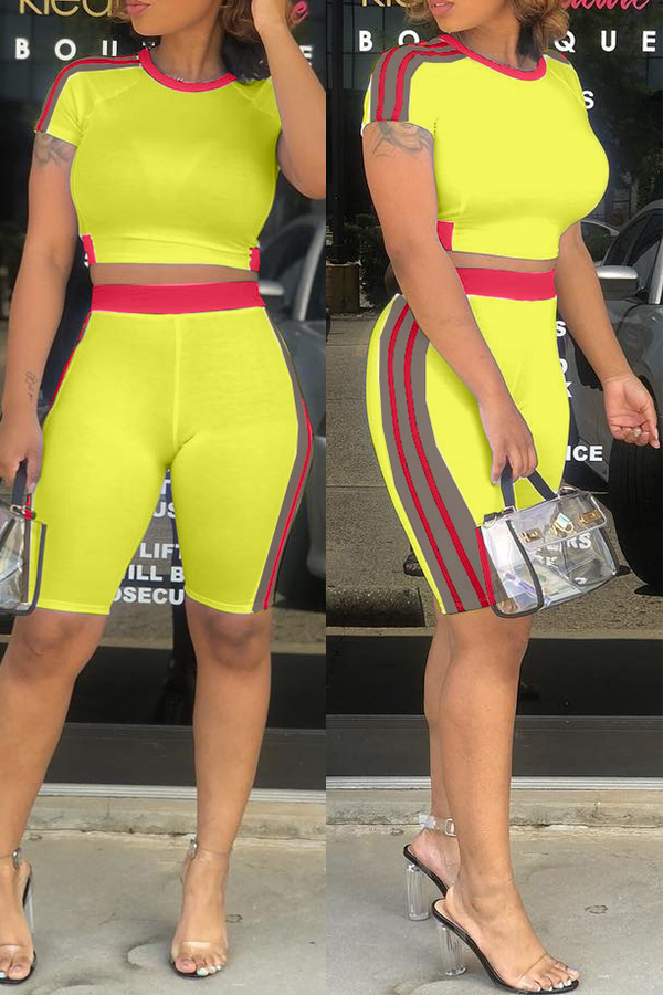 

Lovely Casual Striped Patchwork Yellow Two-piece Shorts Set