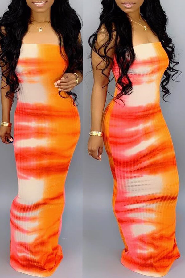 

Lovely Casual Printed Tie-dye Orange Floor Length Dress(With Elastic, Jacinth