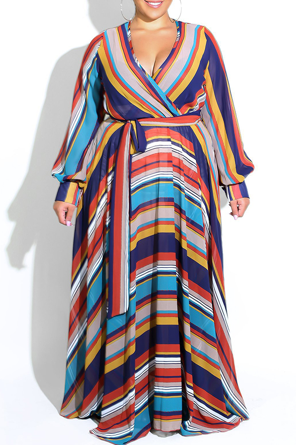 

Lovely Hot V Neck Striped Dark Blue Floor Length Dress(With Elastic)
